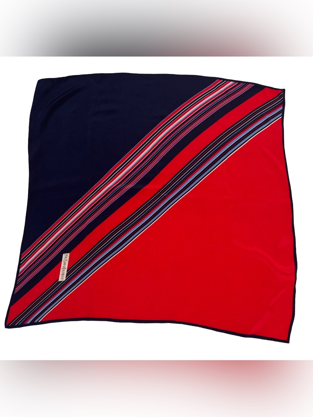 Vintage Yves Saint Laurent 100% Silk Striped Scarf – Red, Navy & Blue 30x30